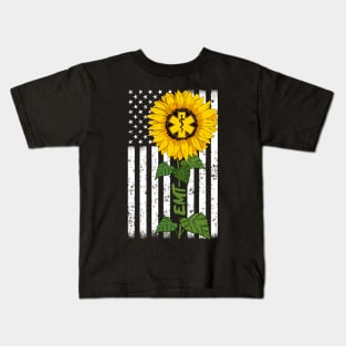 Nursing American Flag EMT Sunflower EMT Nurse Kids T-Shirt